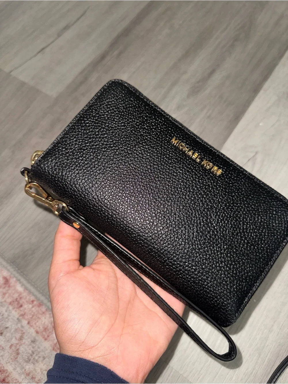 Michael Kors Black Pebbled Leather Zip Wristlet with Gold Hardware